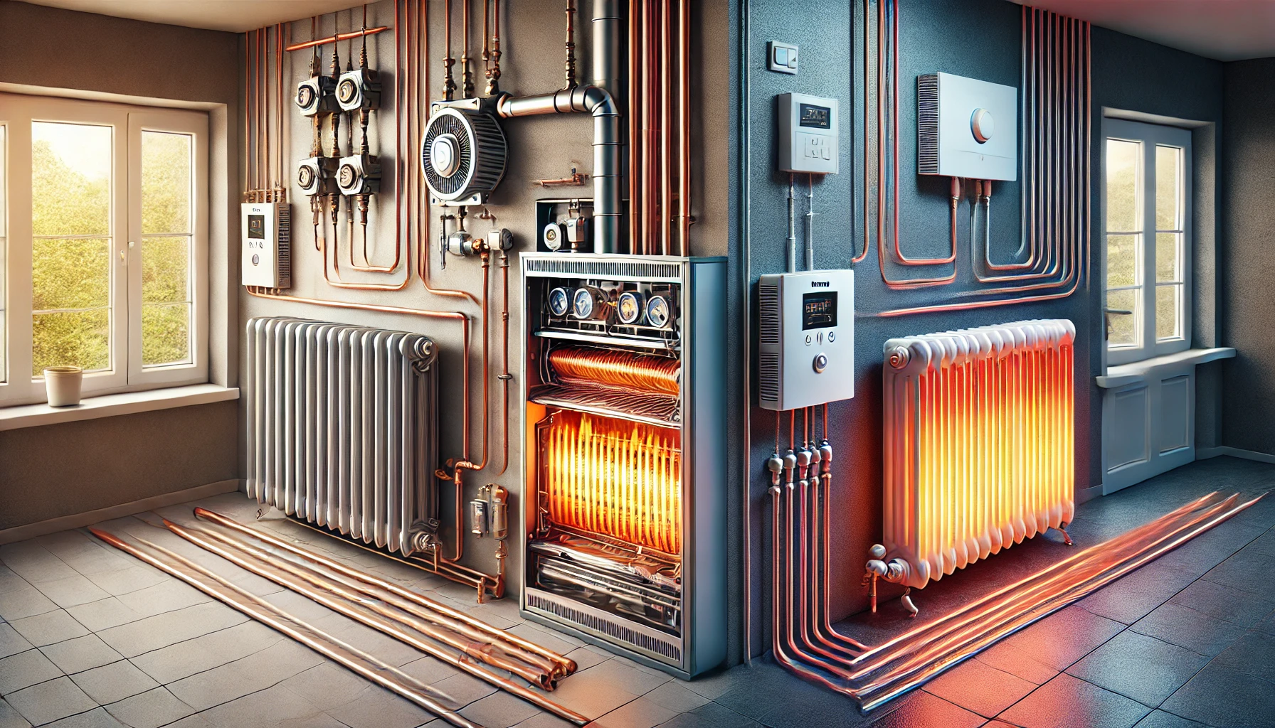 Eine schematische Darstellung der Funktionsweise von Gasheizungen und Elektroheizungen.
