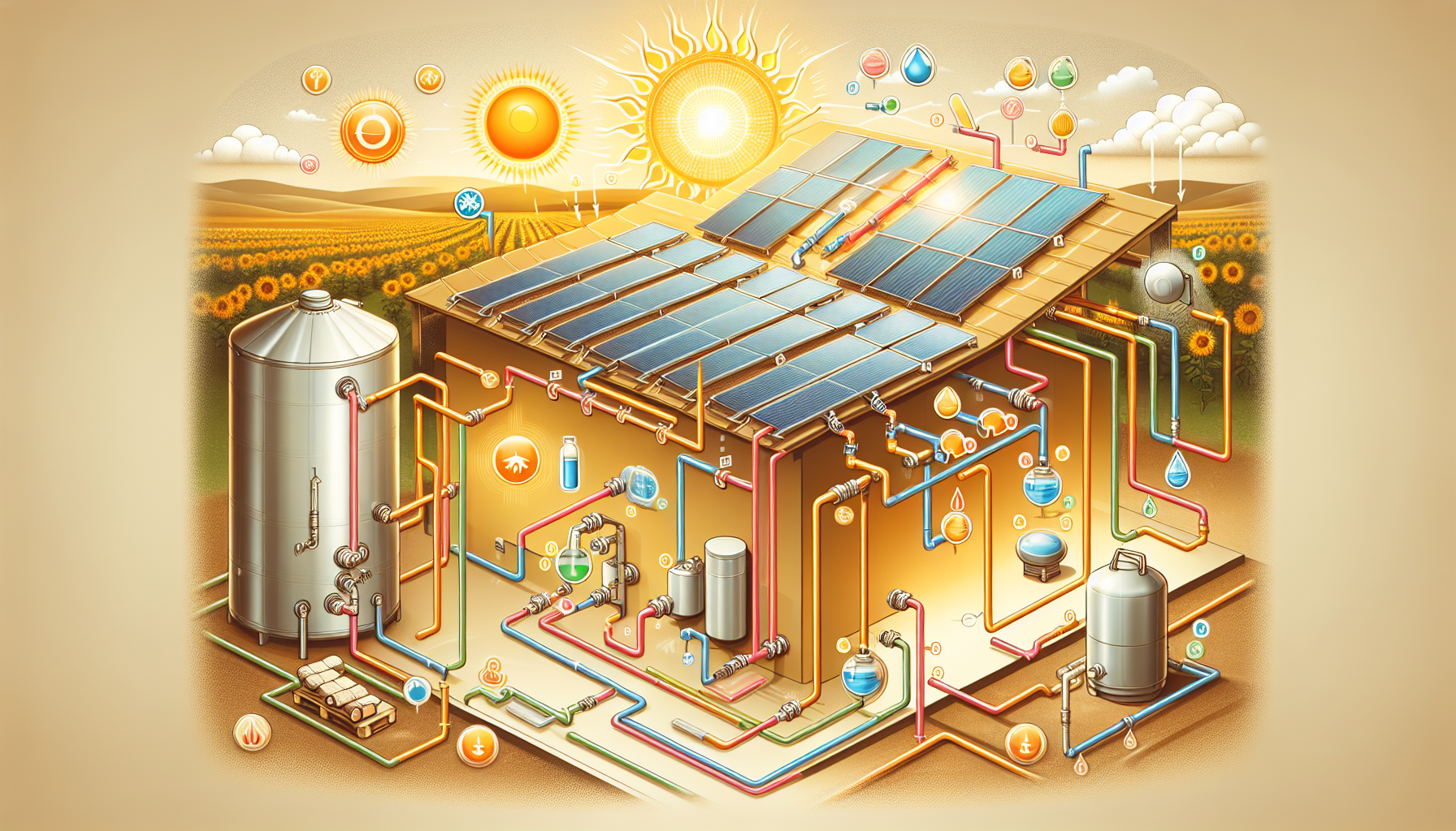 Diagramm, das die Funktionsweise einer Solaranlage zur Warmwasserbereitung zeigt.