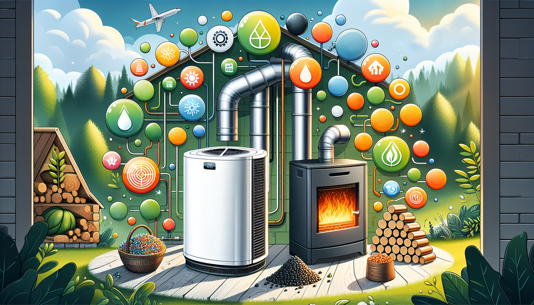 Illustration von Alternativen zur Ölheizung, einschließlich Wärmepumpen und Pelletheizungen.
