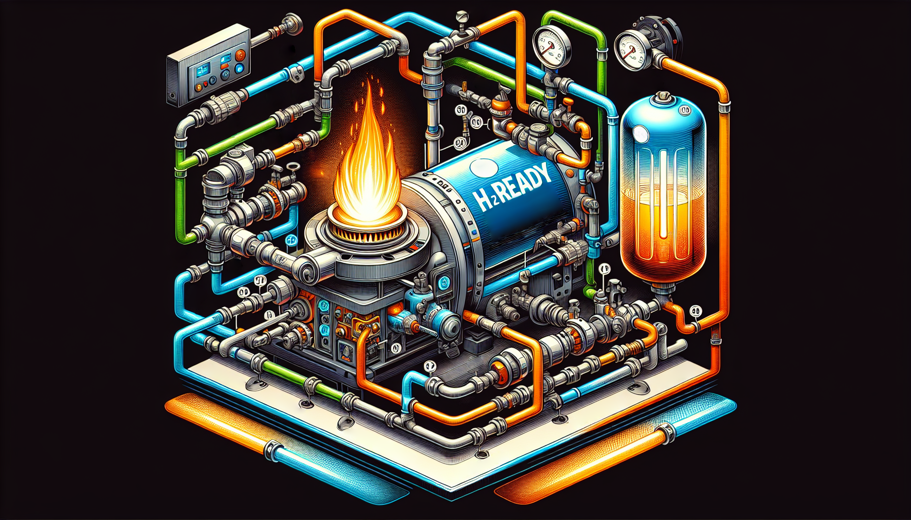 Eine schematische Darstellung einer H2-Ready-Gasheizung mit Wasserstofftechnologie.