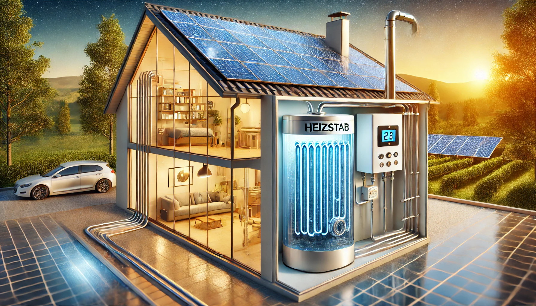 Funktionsweise eines Heizstabs mit PV-Anlage zur Warmwasserbereitung.