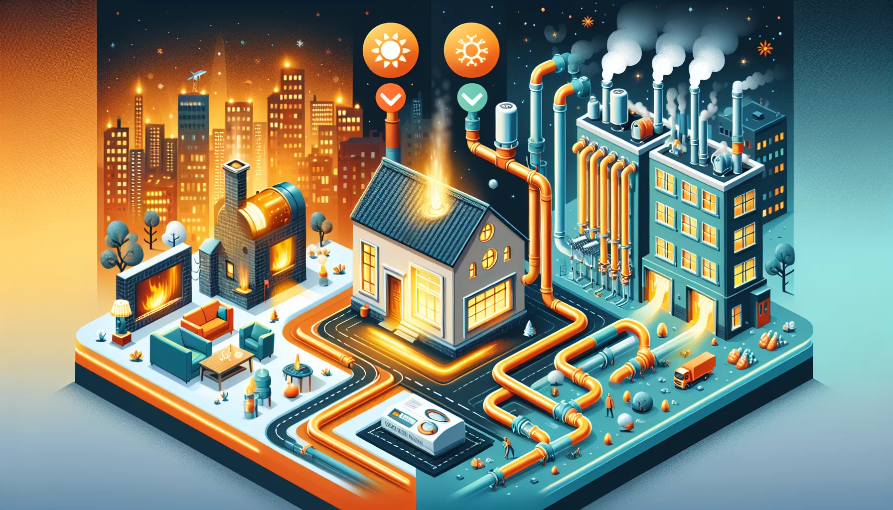 Vergleich von Gasheizung und Fernwärme, mit Diagramm der Heizsysteme.