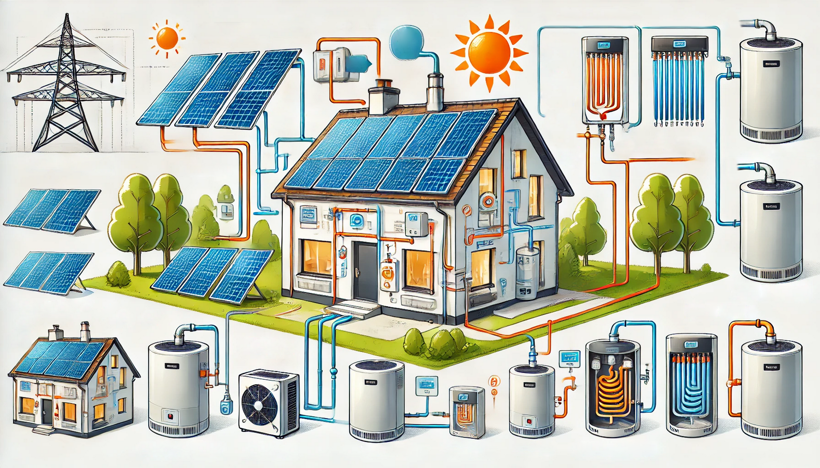 Verschiedene Arten von Gas-Hybridheizungen, einschließlich Solaranlagen und Wärmepumpen.