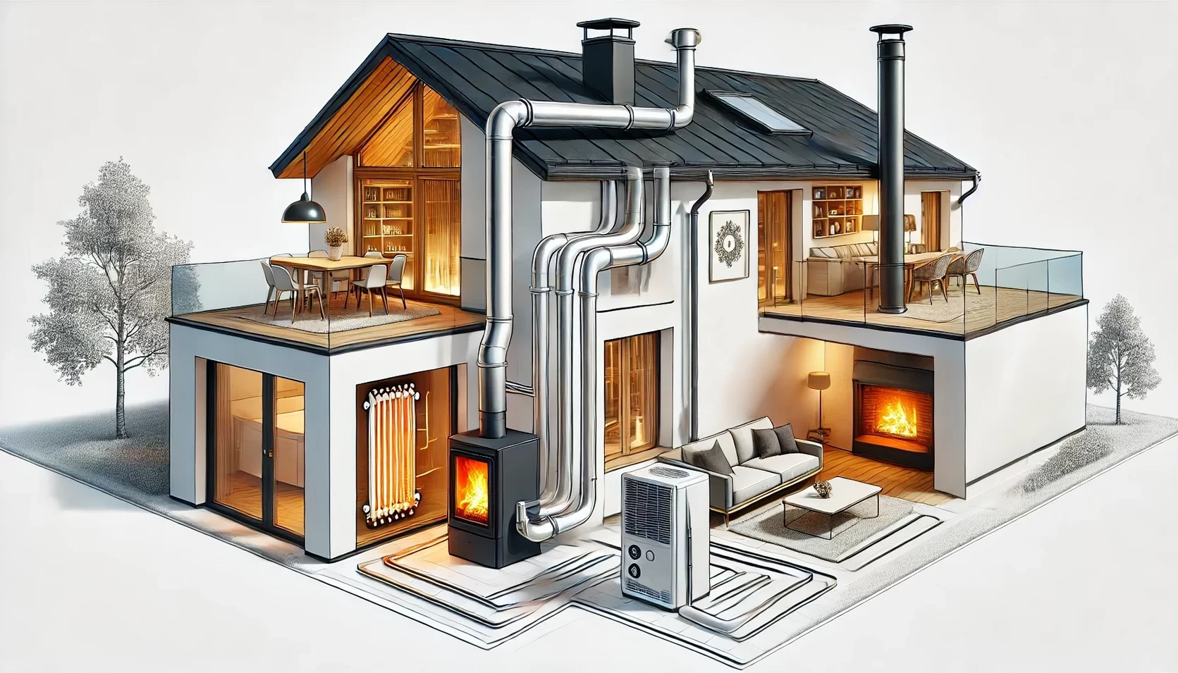 Ein Schornstein mit angeschlossenem Kaminofen und Ölheizung in einem modernen Haus.