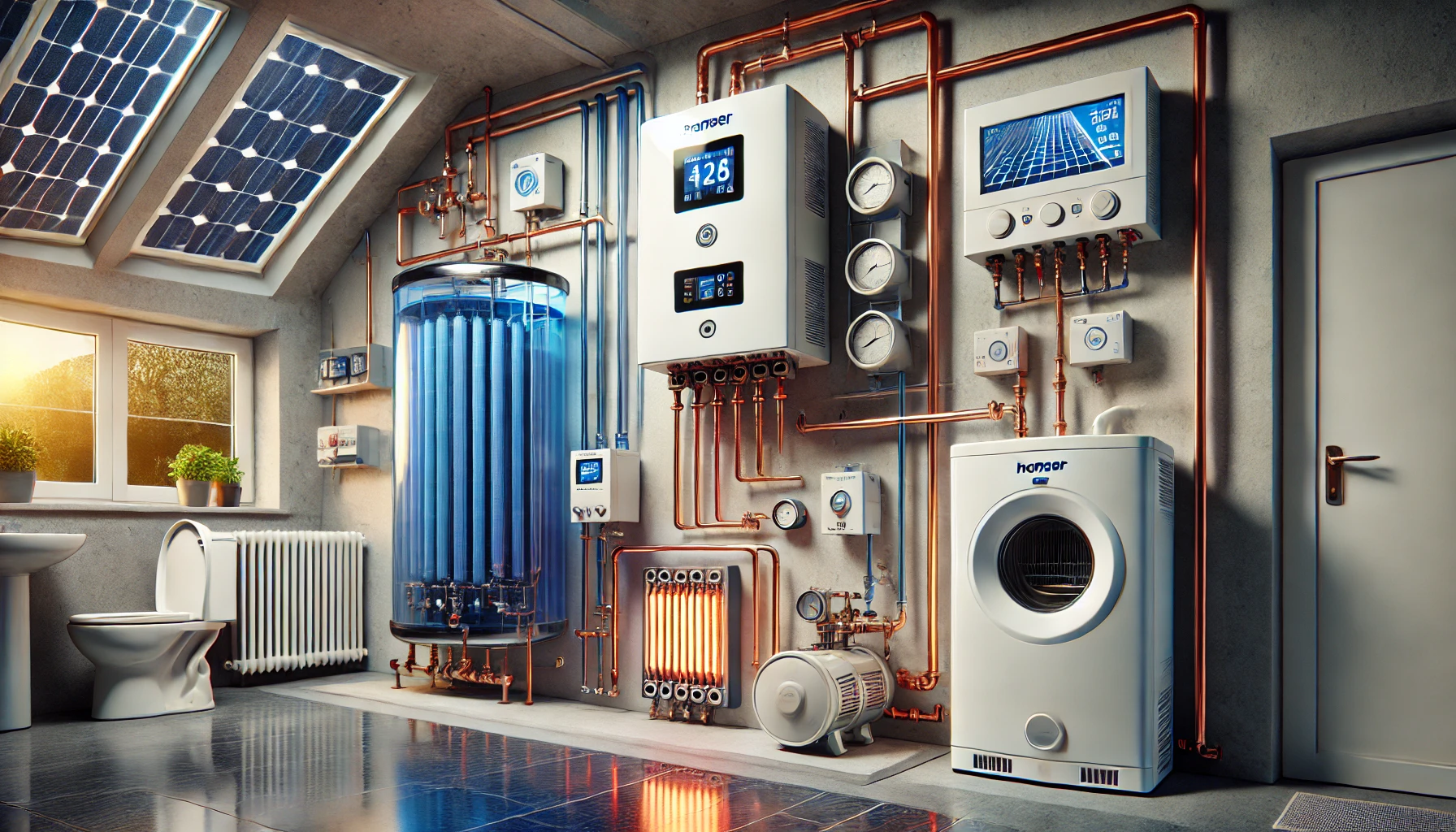 Eine Illustration, die verschiedene Methoden zur Warmwassererzeugung zeigt, einschließlich Photovoltaik und Solarthermie.