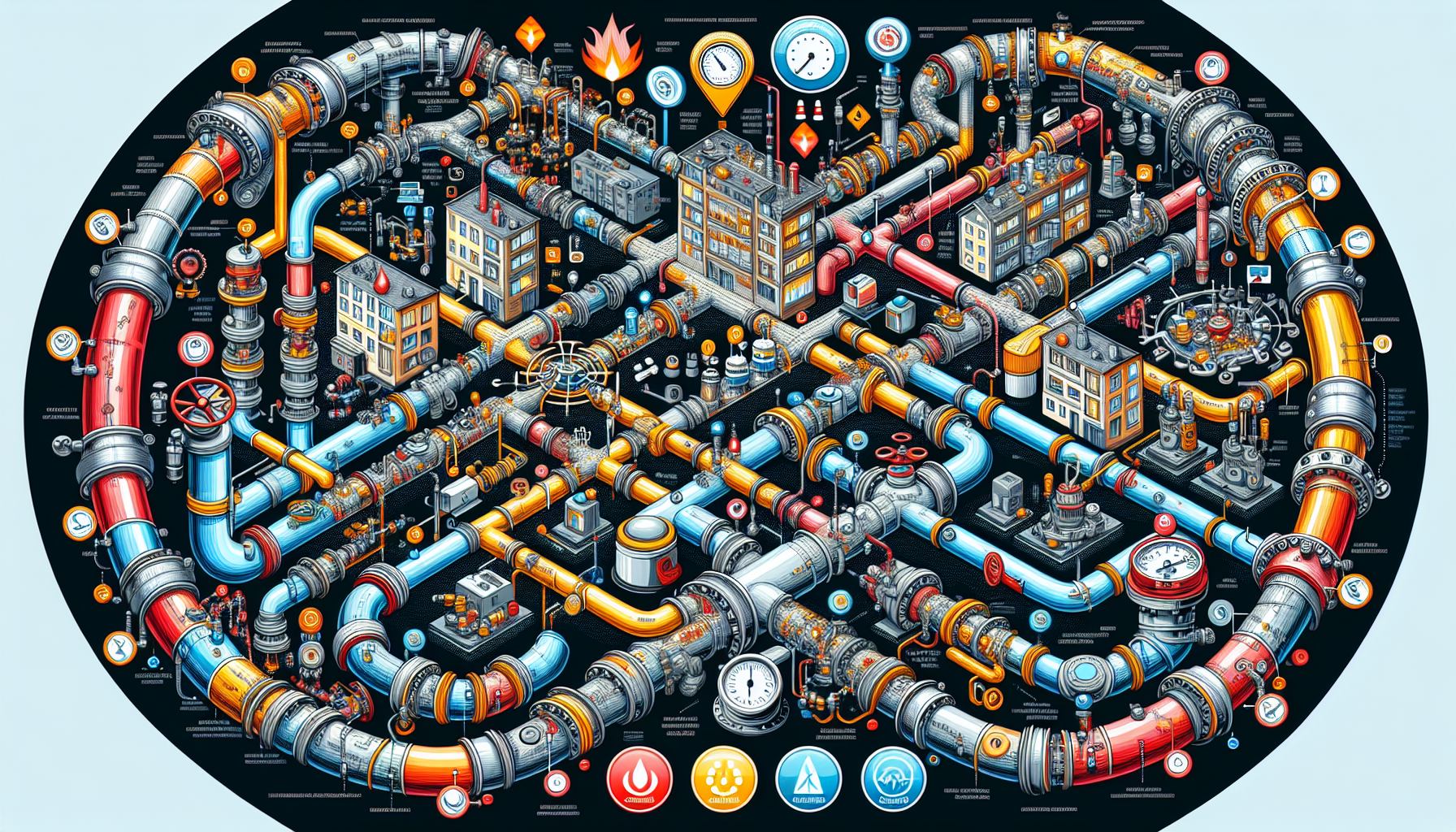 Eine schematische Darstellung einer Gashausschau, die verschiedene Aspekte der Gasinstallation zeigt.