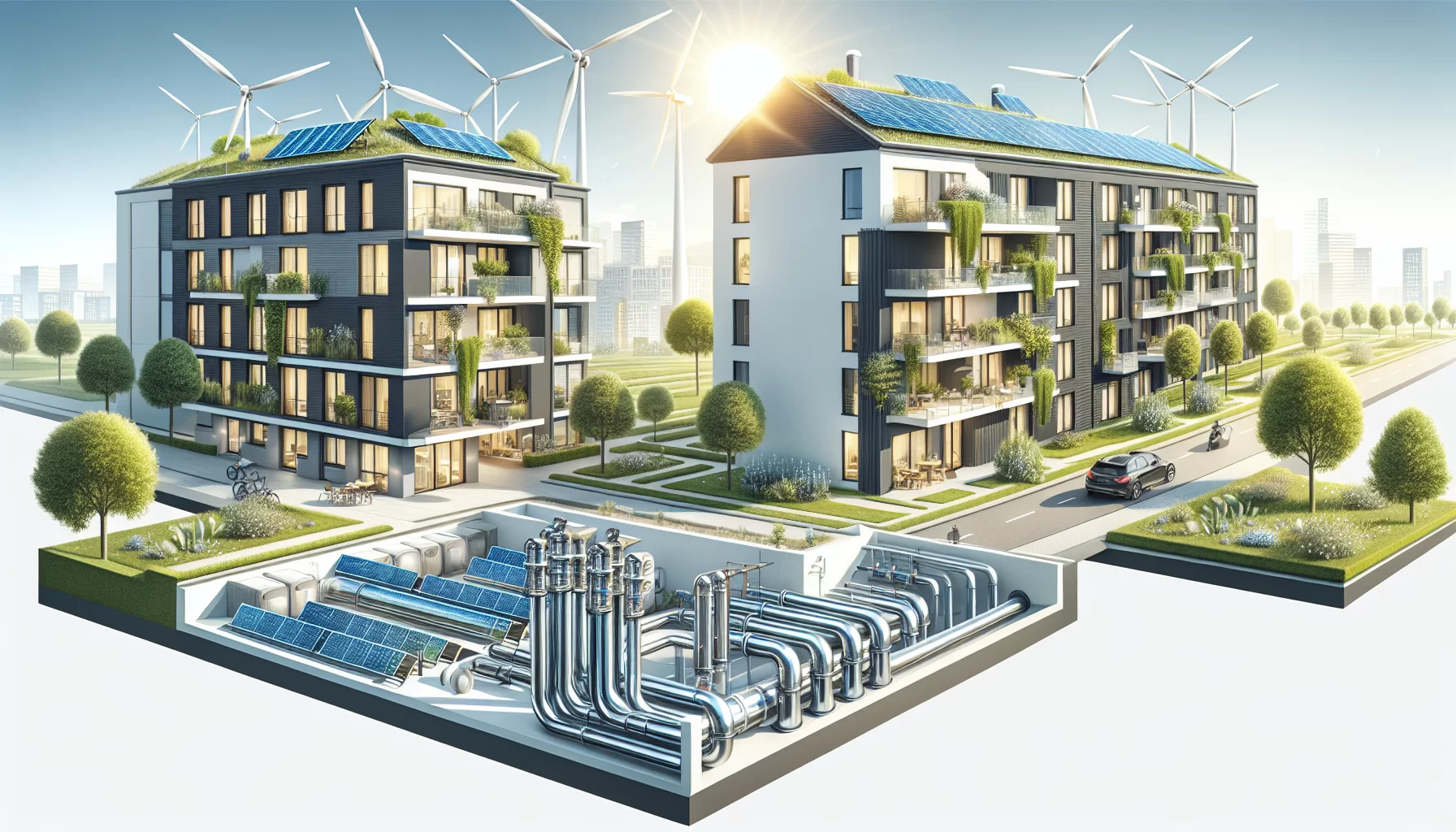 Illustration von erneuerbaren Energien in Mehrfamilienhäusern, einschließlich Gasetagenheizungen.