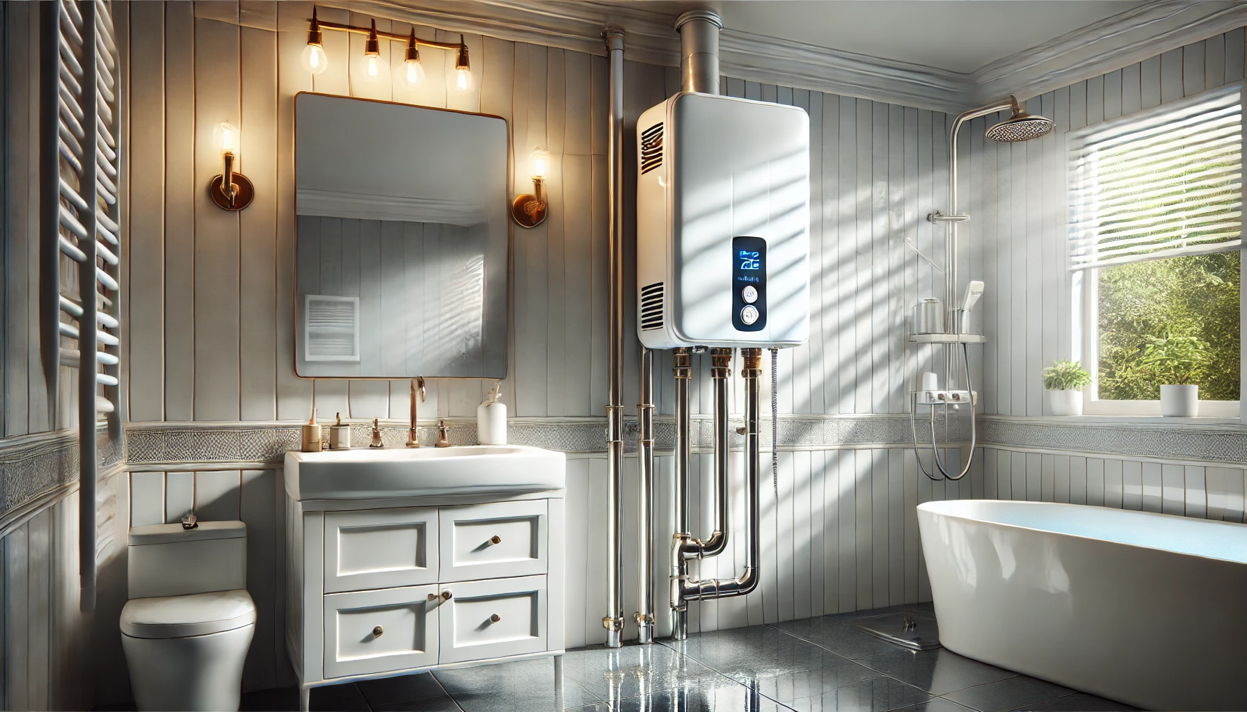 Illustration eines elektrischen Durchlauferhitzers in einem Badezimmer.