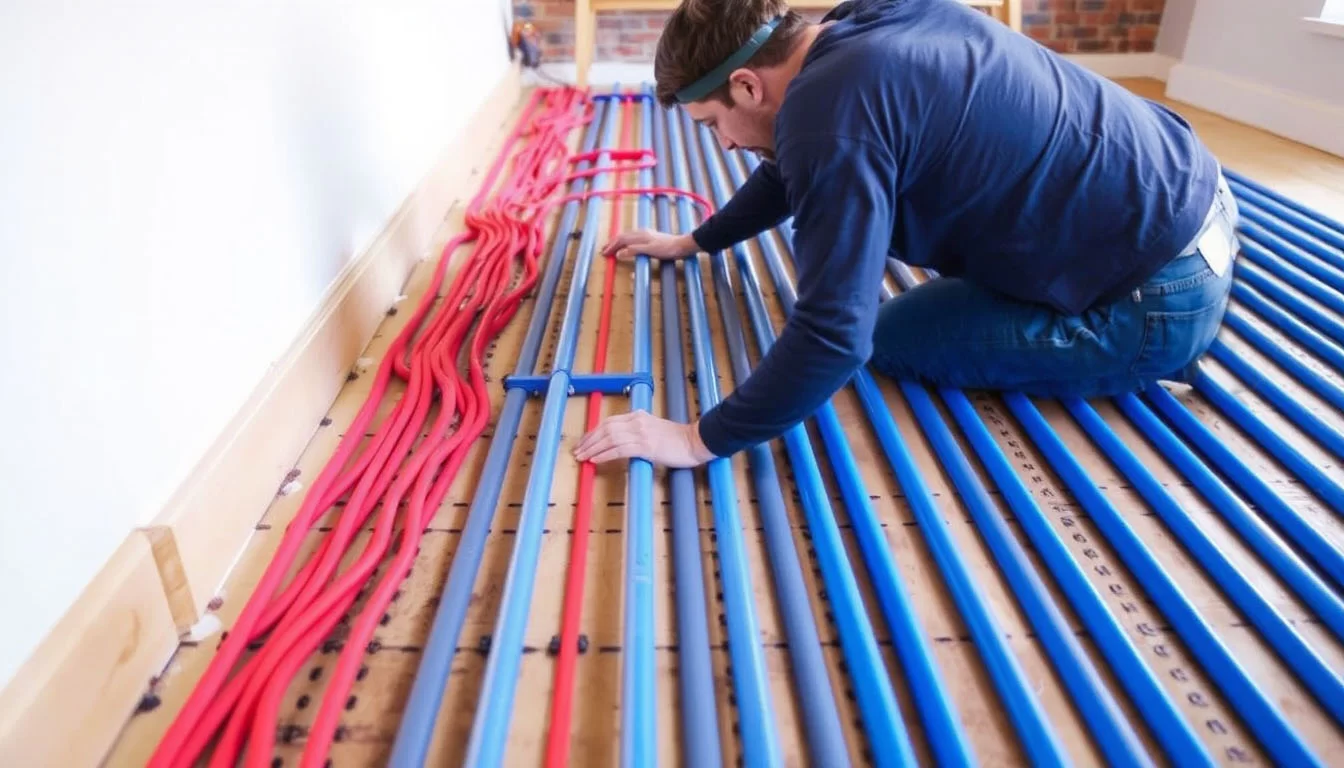 Ein Fachmann installiert eine Fußbodenheizung.