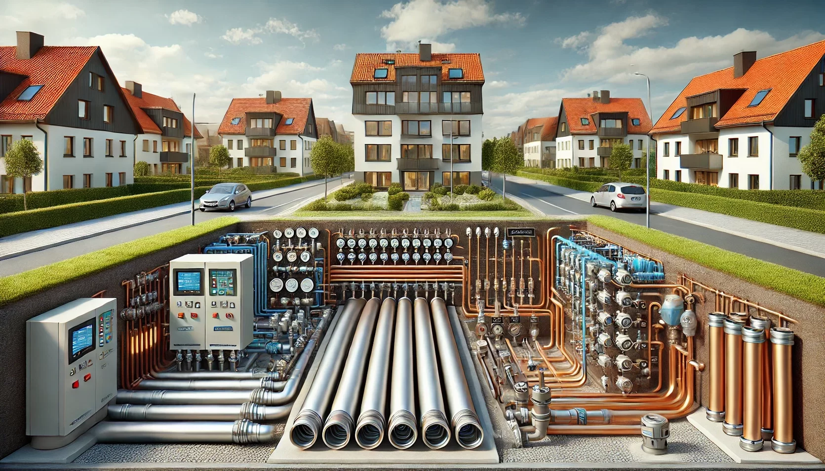 Eine Grafik, die die Komponenten eines Fernwärmesystems darstellt.