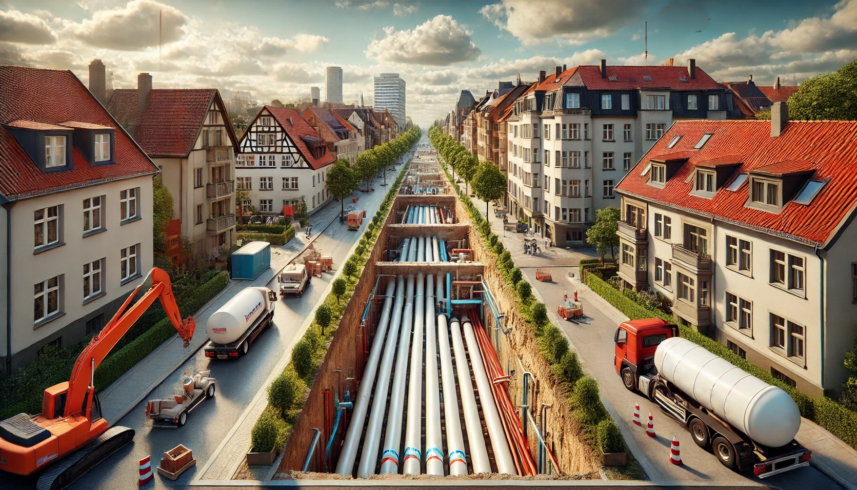 Eine schematische Darstellung des Transports und der Verteilung von Fernwärme durch Rohrleitungssysteme.