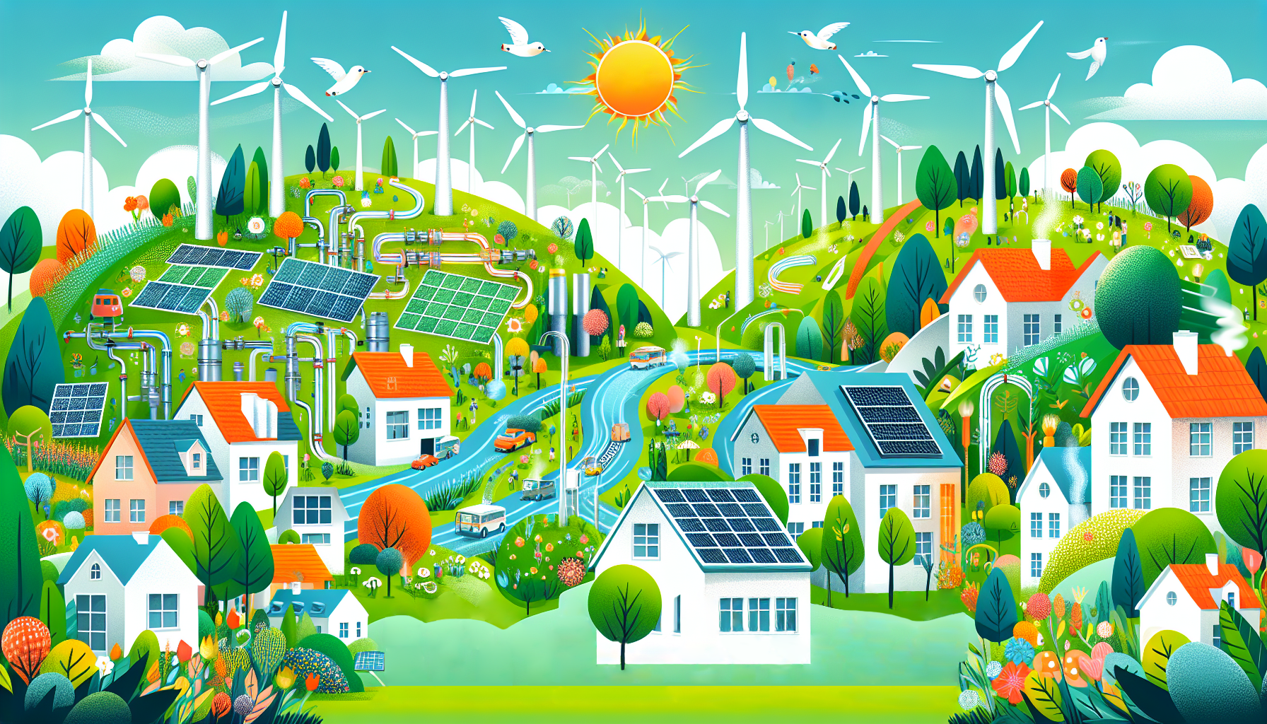 Eine Illustration, die die Vorteile der Wärmenetz-Förderung für Umwelt und Klimaschutz zeigt.