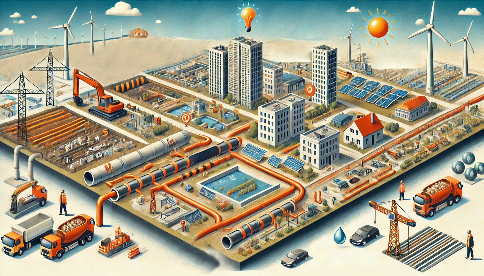 Illustration, die die Herausforderungen beim Ausbau des Fernwärmenetzes zeigt.