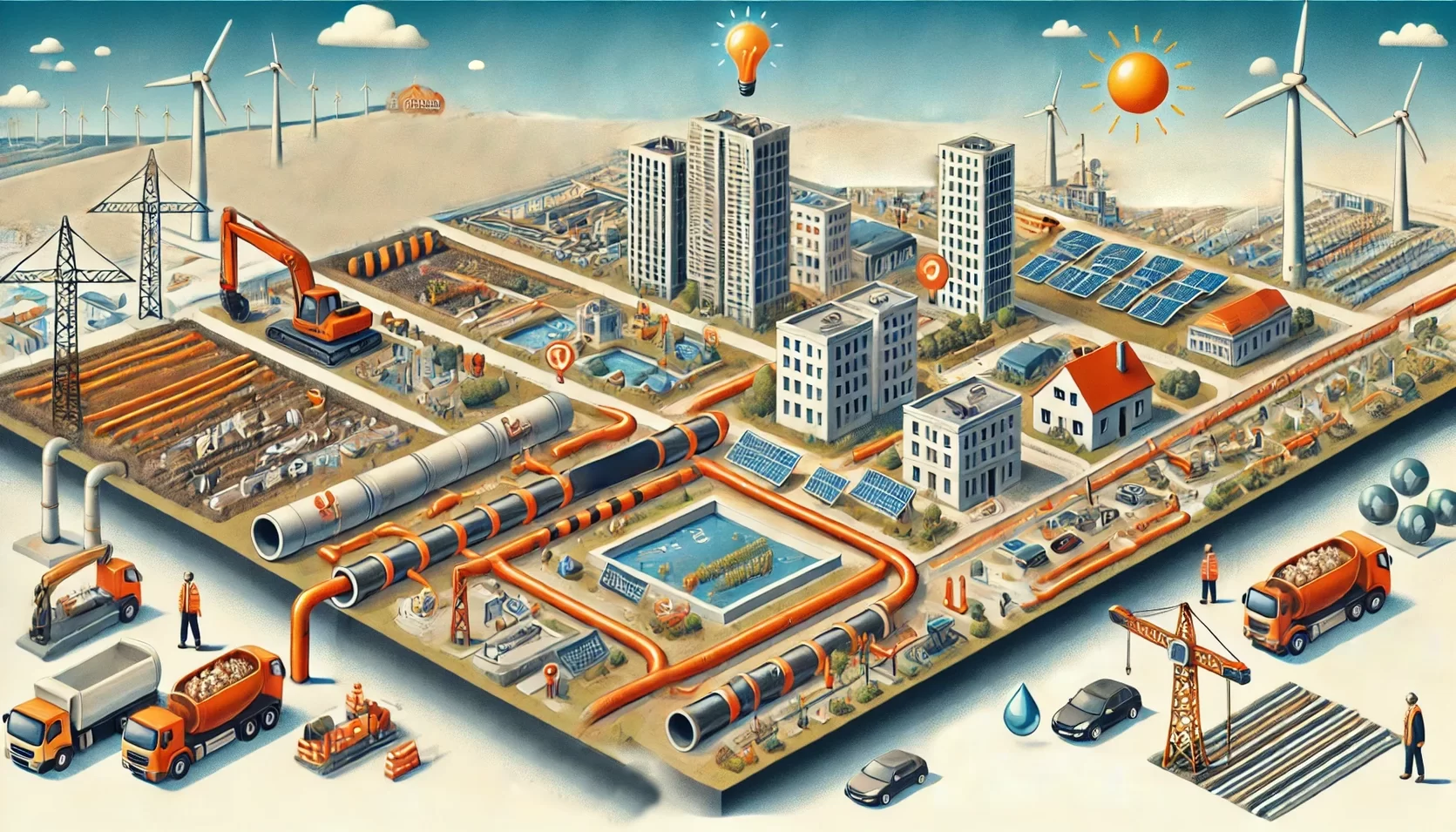 Illustration, die die Herausforderungen beim Ausbau des Fernwärmenetzes zeigt.