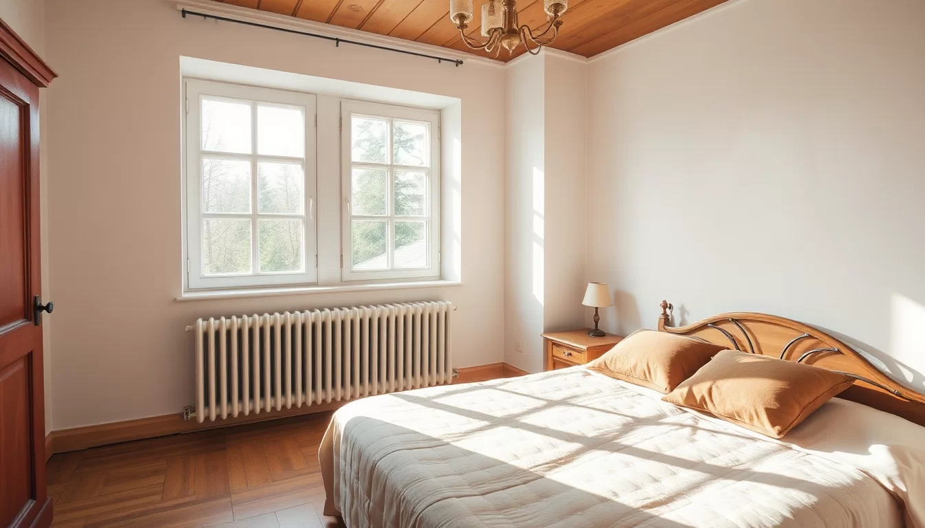 Ein Schlafzimmer mit Heizkörper.
