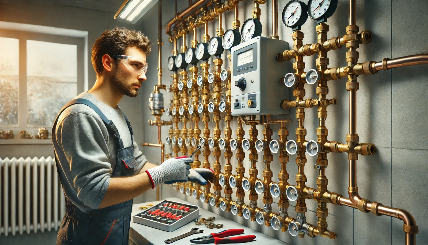 Ein Fachmann führt des hydraulischen Abgleichs mit Heizkörpern durch.