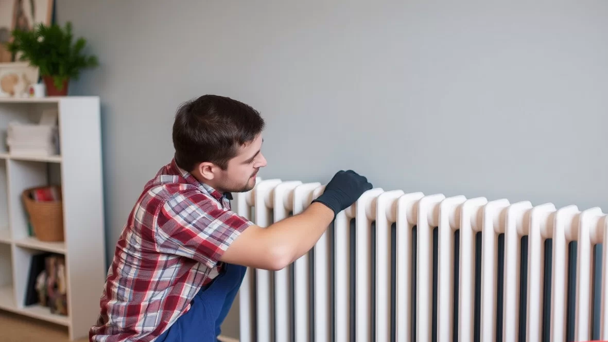 Ein Mann reinigt einen Heizkörper