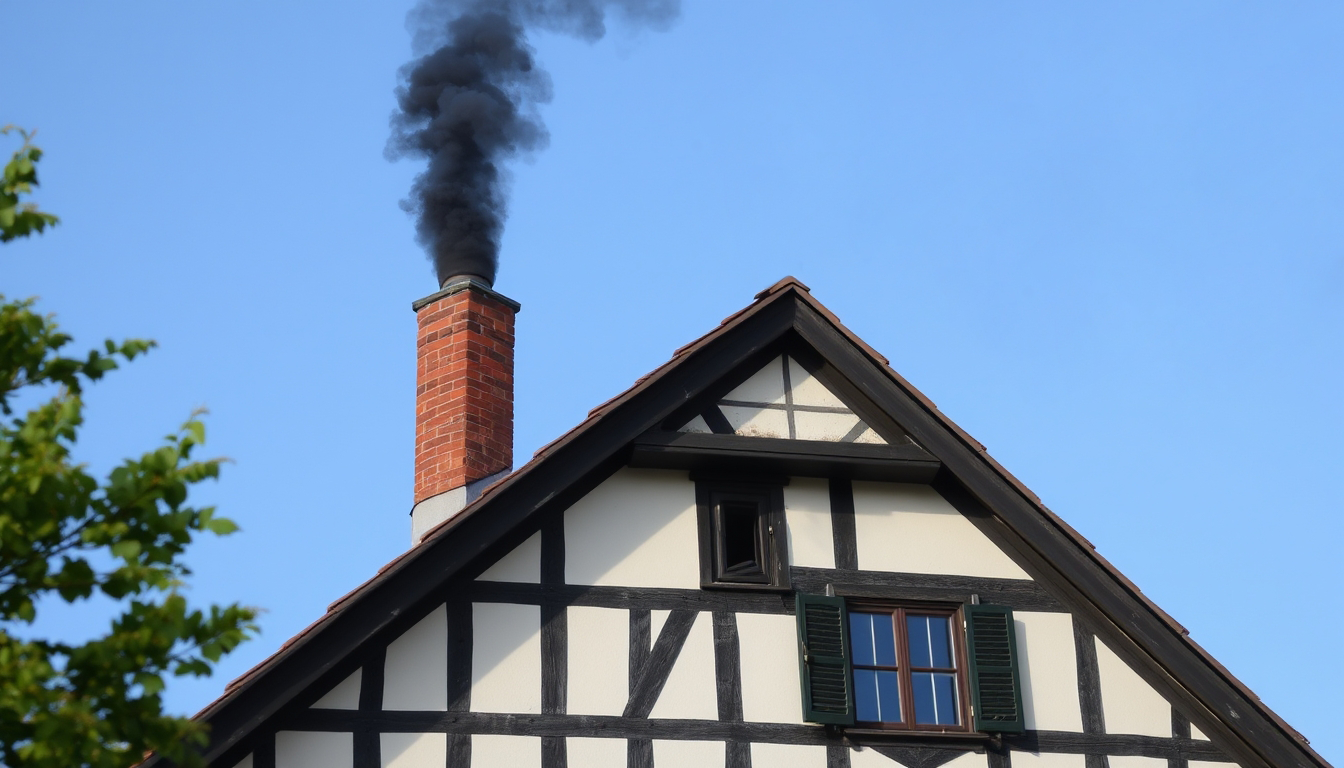 Ein Haus, aus dessen Schornstein dunkler Rauch aufsteigt.