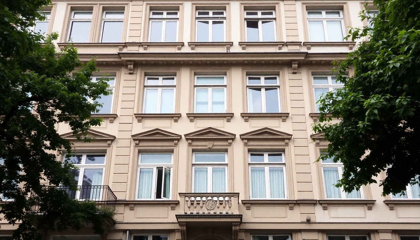 Ein Bild, das die historische Fassade eines denkmalgeschützten Gebäudes zeigt.