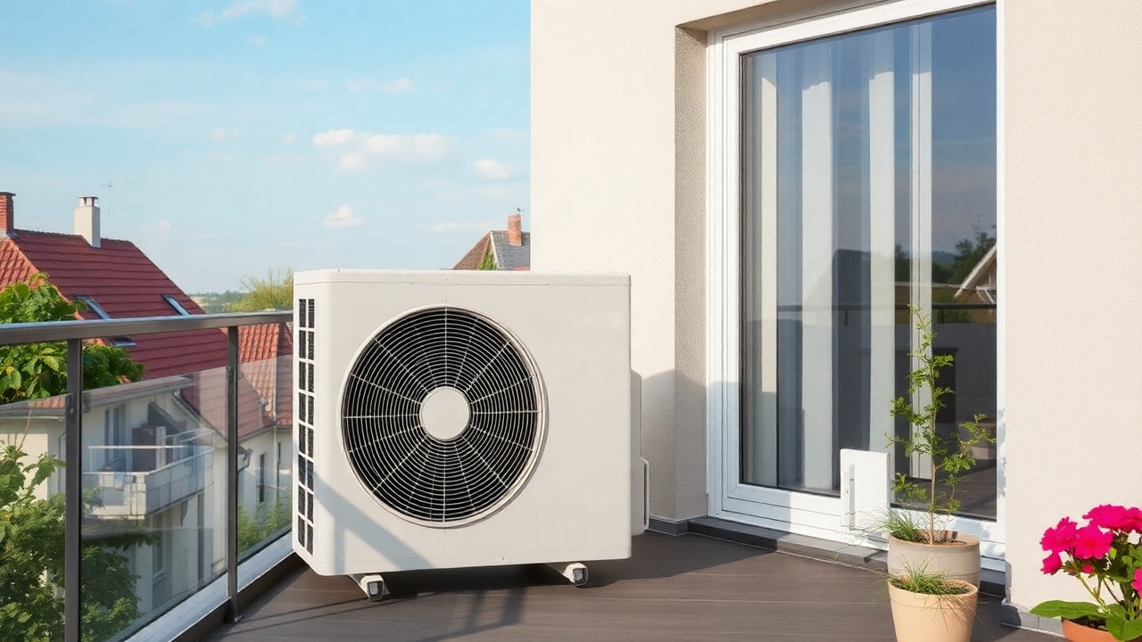 Eine Wärmepumpe auf einem Balkon.