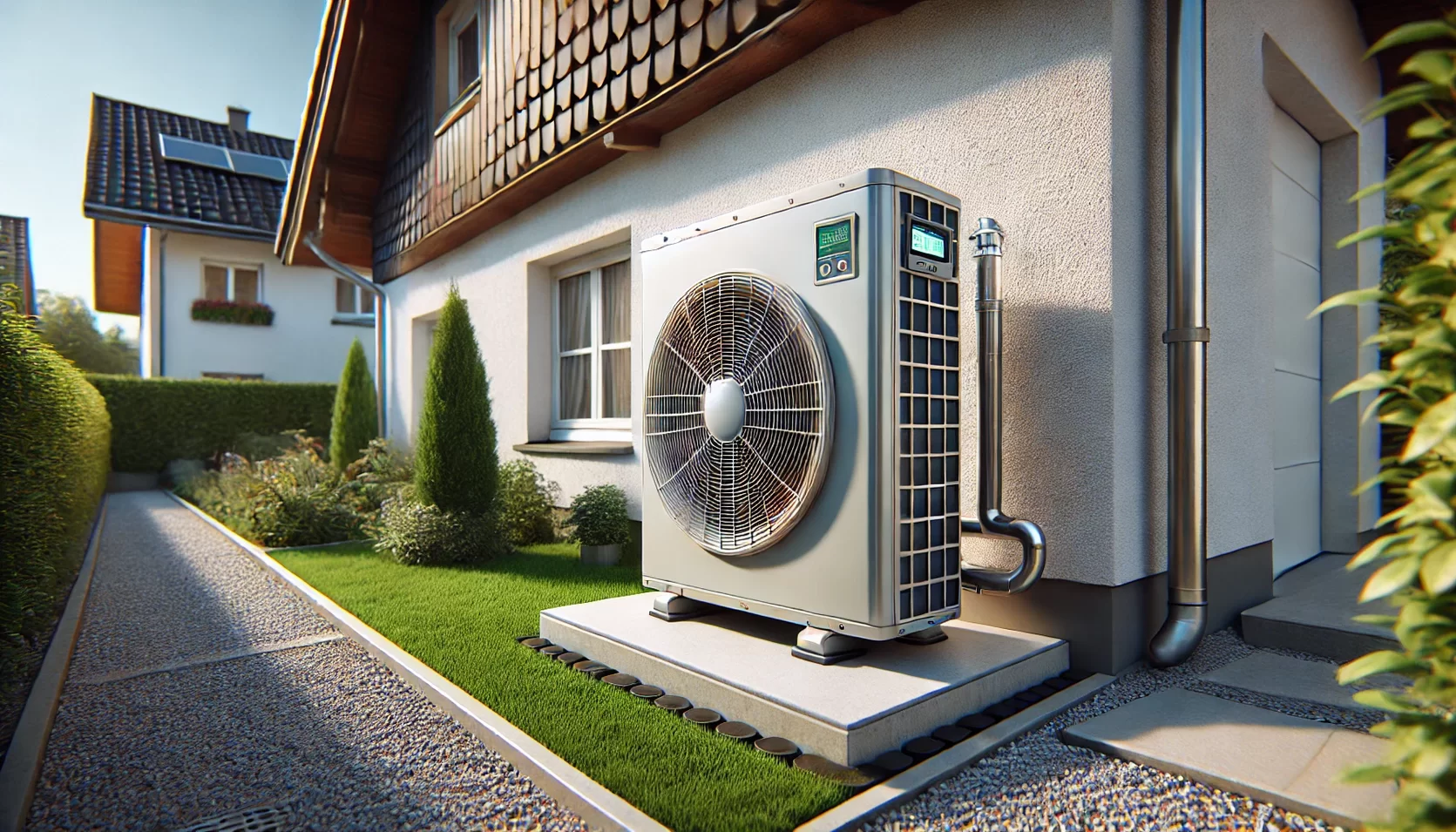 Eine Illustration einer modernen Wärmepumpe im Garten eines Hauses, die nachhaltige Energie erzeugt.