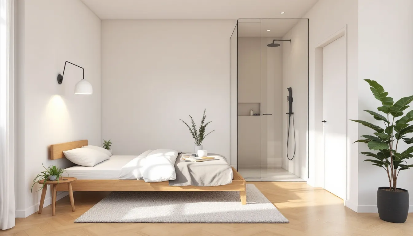 Schlafzimmer mit integrierter Dusche, die Privatsphäre bietet.