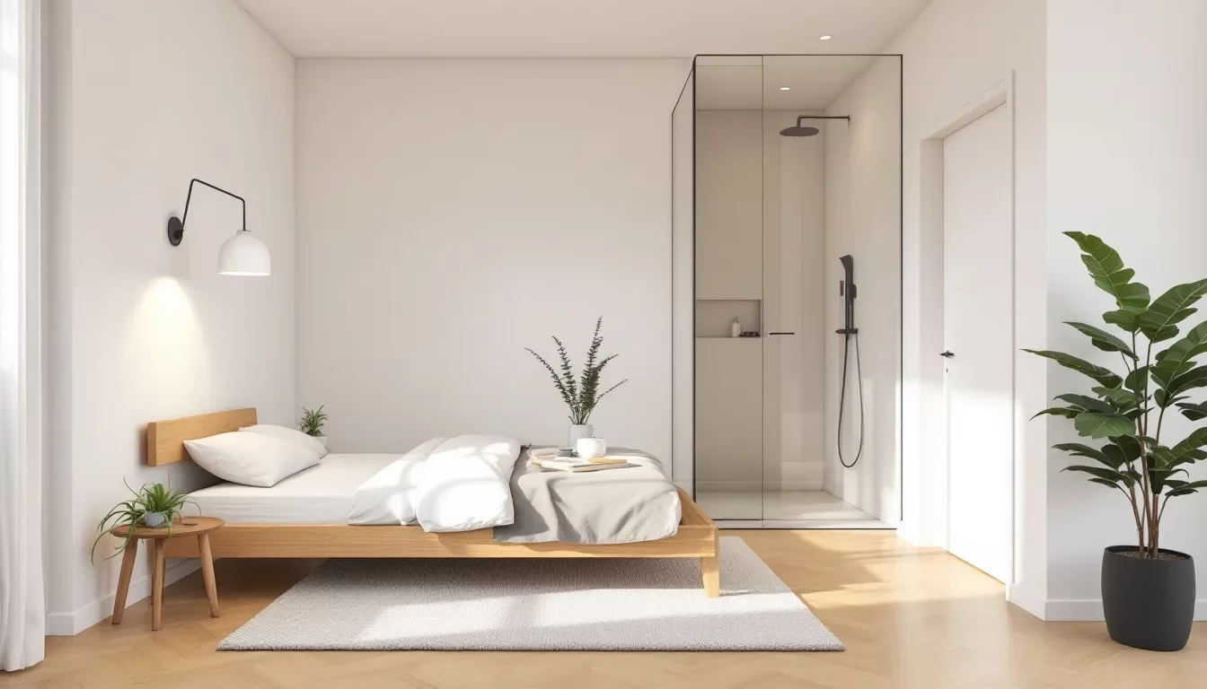 Schlafzimmer mit integrierter Dusche, die Privatsphäre bietet.