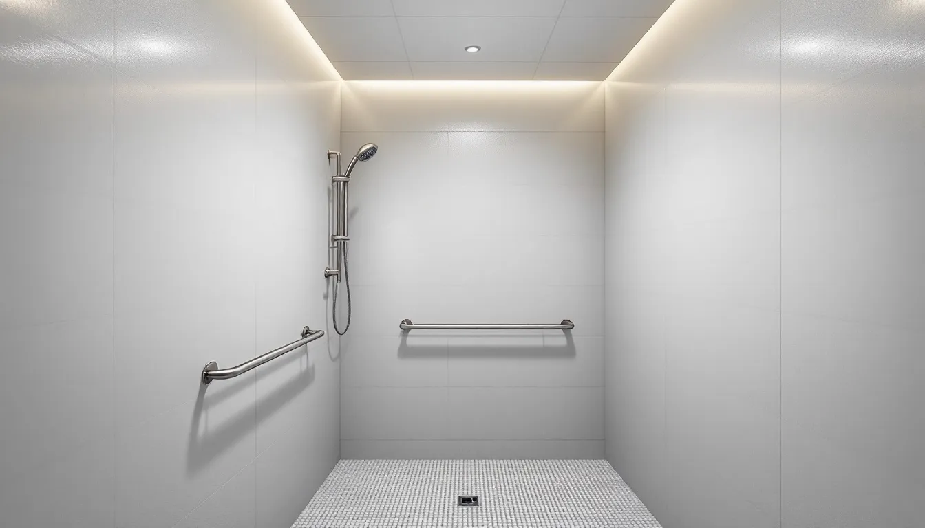 Eine seniorengerechte Dusche mit Haltegriffen und rutschfestem Boden.