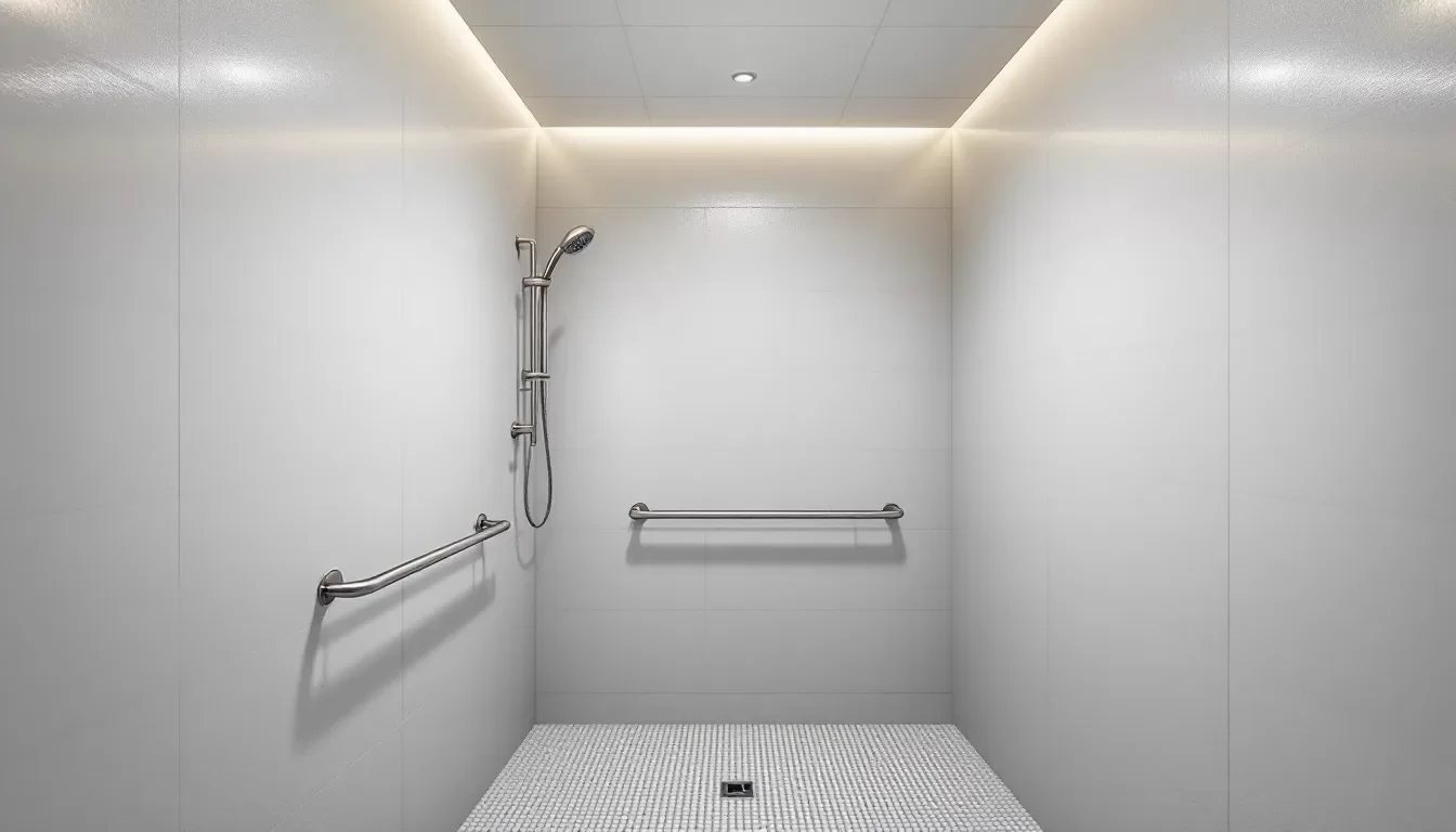 Eine seniorengerechte Dusche mit Haltegriffen und rutschfestem Boden.