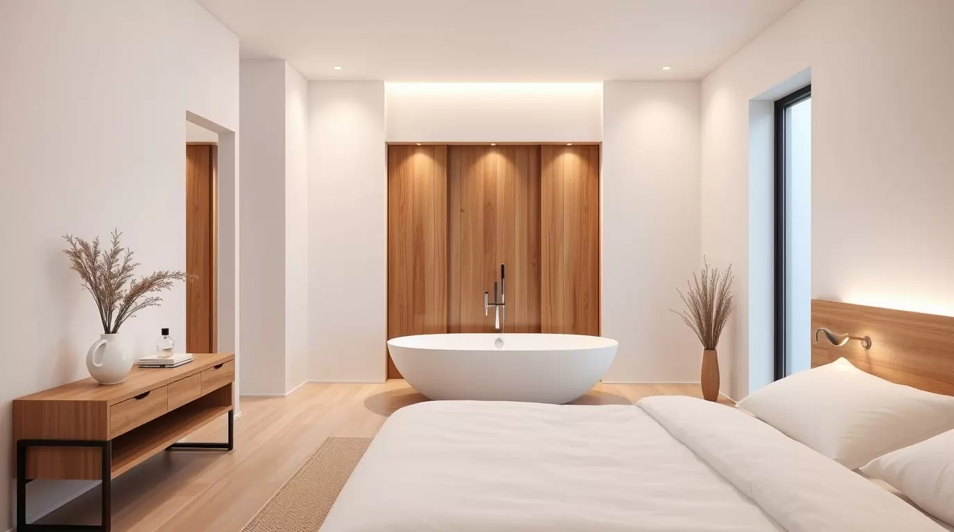 Ideen für die Gestaltung eines „Bad en suite“ mit modernen Elementen.