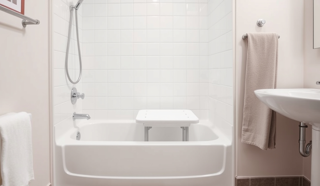 Badewannenhilfen für sicheres Baden, einschließlich eines Badewannensitzes.