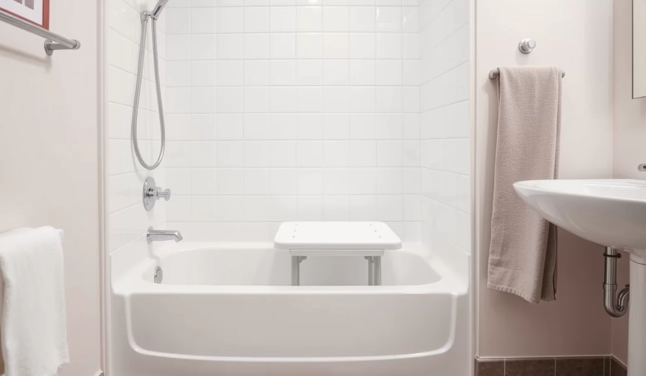 Badewannenhilfen für sicheres Baden, einschließlich eines Badewannensitzes.