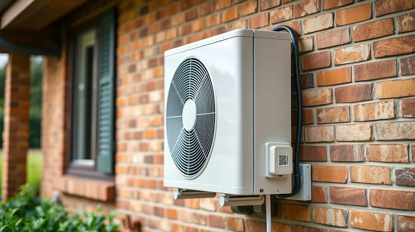 Eine Wärmepumpe an der Hauswand montiert.