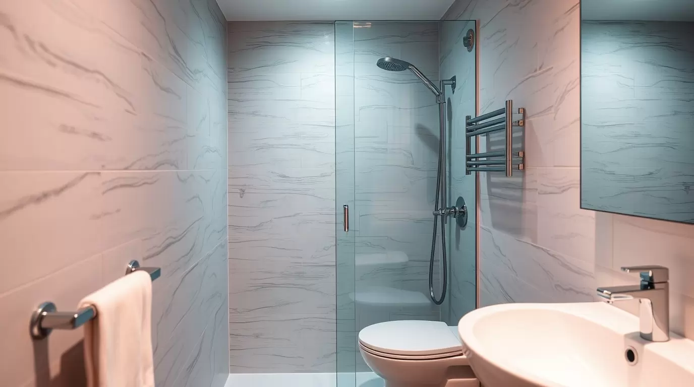 Ein schmales kleines Bad mit einer modernen Dusche, ideal für die Gestaltung eines funktionalen Raums.