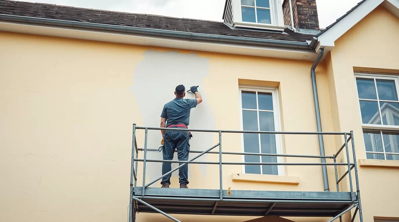 Ein Fachmann verputzt eine Fassade