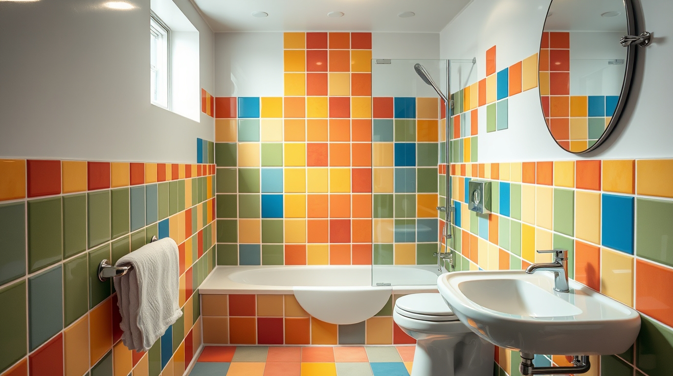Kreative Gestaltungsideen für ein Kinderbadezimmer mit bunten Farben und Dekorationen.