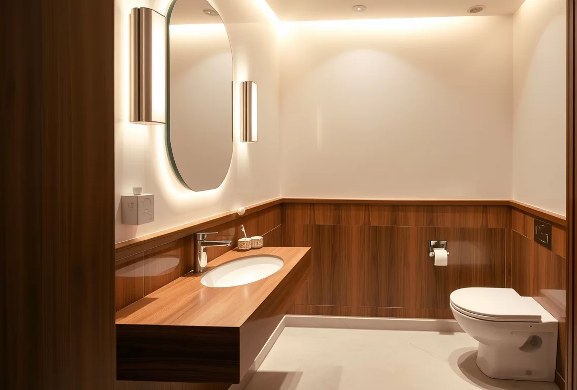 Ein kleines Bad mit harmonischen Farben und Beleuchtung, ideal für die Renovierung.