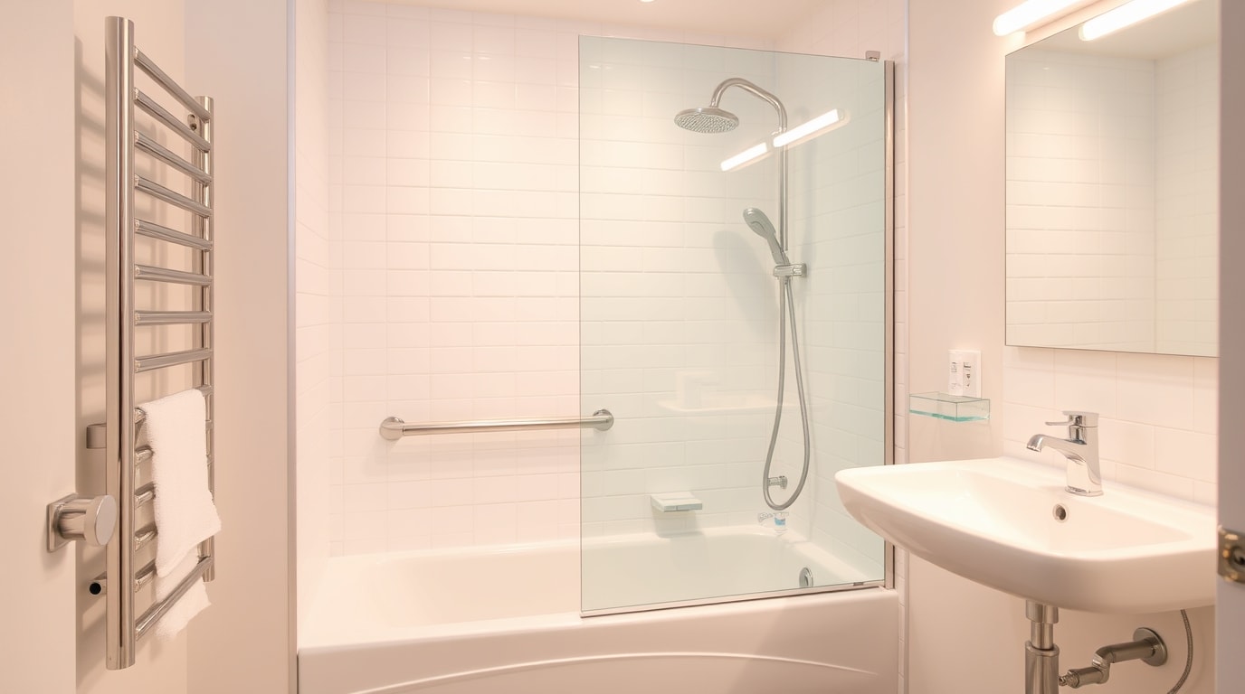 Eine Kombination aus Dusche und Badewanne in einem Familienbad.