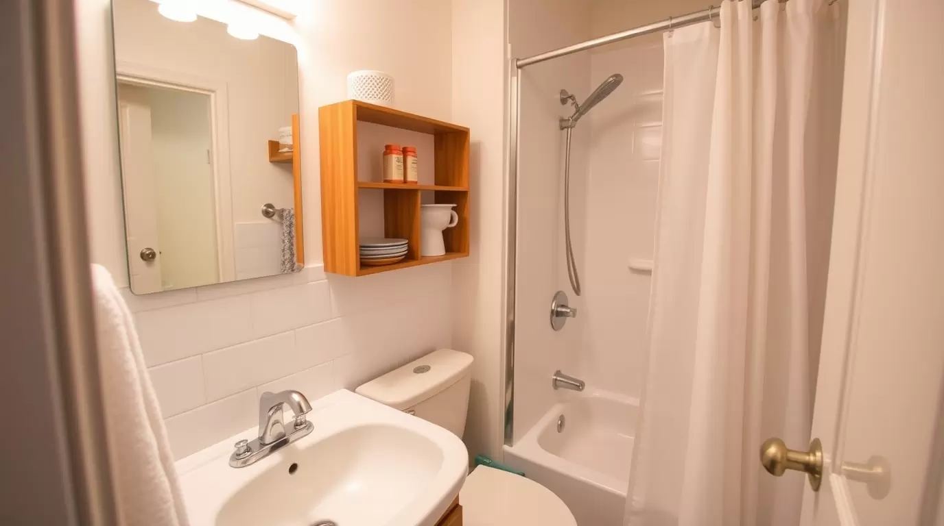 Platzsparende Badmöbel und Stauraumlösungen in einem schmalen Badezimmer.