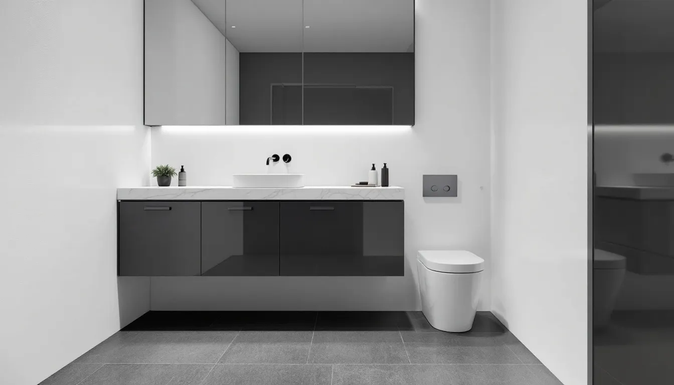 Stilvolle Badmöbel für das Gäste-WC, einschließlich Waschtisch und Spiegelschrank.
