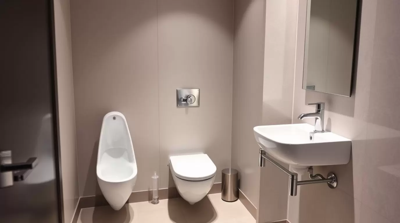 Ein modernes Gäste WC mit einem Urinal, das Platz spart.