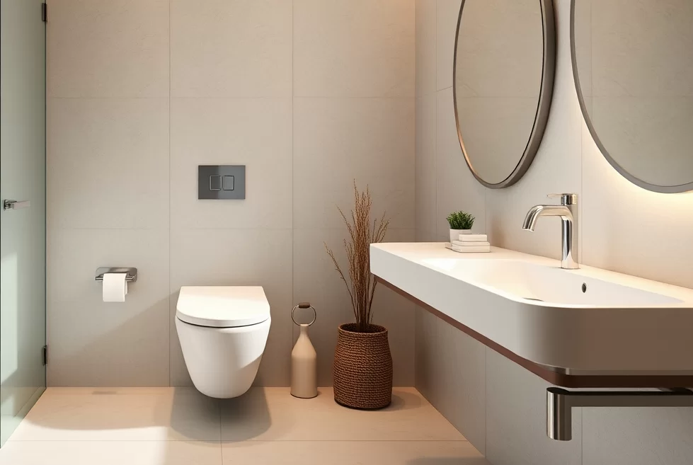 Ein modernes wandhängendes WC in einem stilvollen Badezimmer.