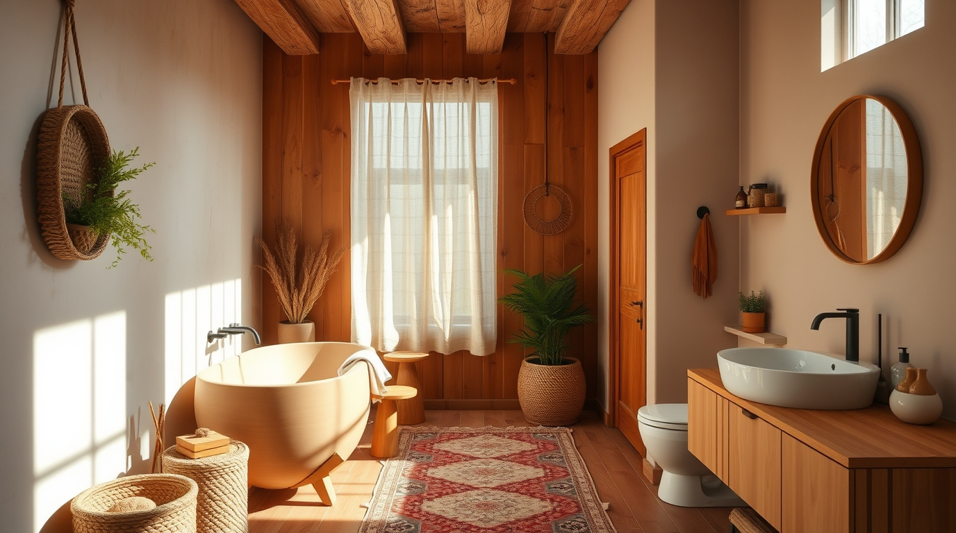 Ein stilvolles Boho Badezimmer mit natürlichen Materialien und Farben.
