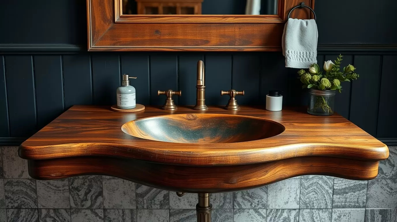Ein stilvolles Badezimmer mit einem Holzwaschbecken aus Teakholz.