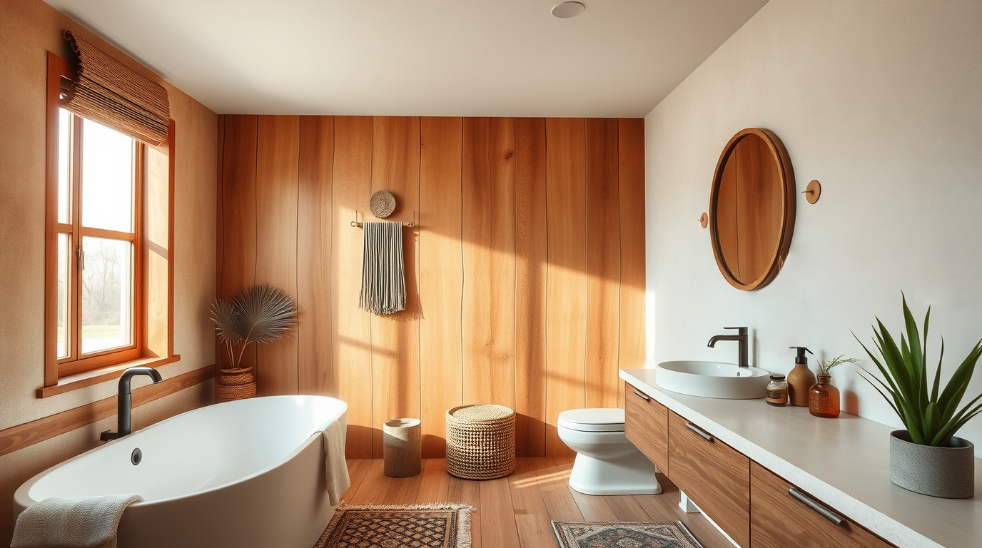 Verschiedene Materialien im Boho Badezimmer, darunter Baumwolle.