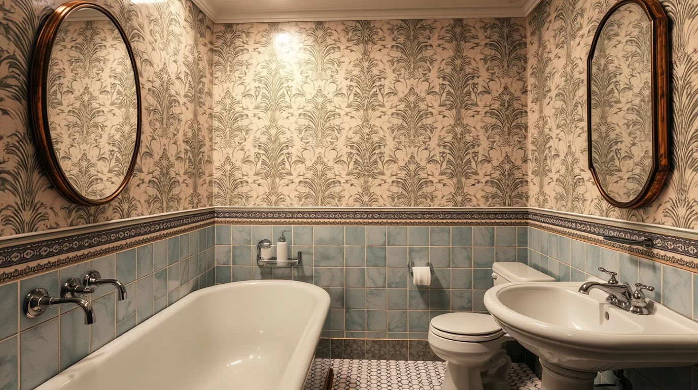 Ein gemütliches Retro Badezimmer mit stilvollen Möbeln und Accessoires.