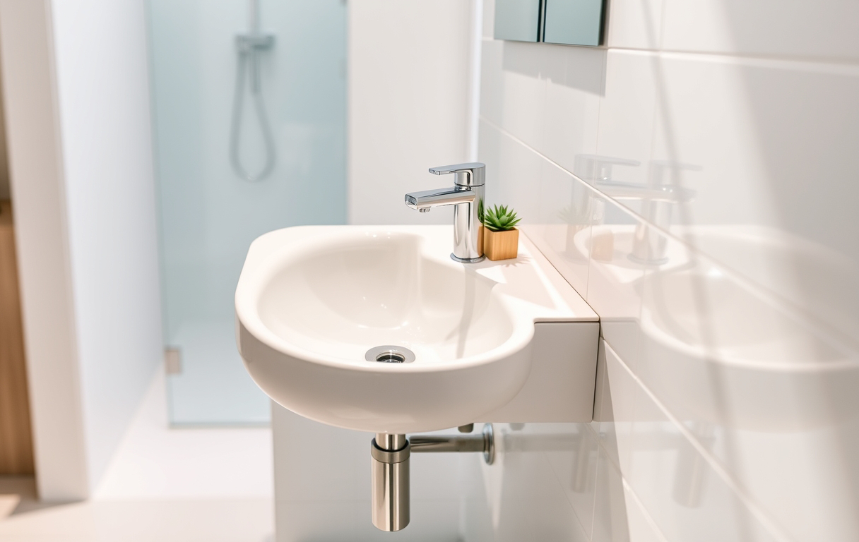 Platzsparendes Design eines Waschbeckens, das in einem modernen Badezimmer installiert ist.