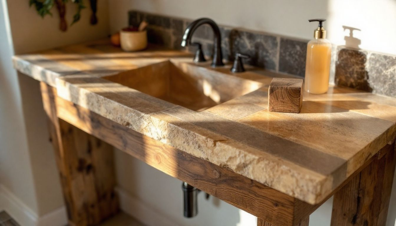Verschiedene Materialien für einen gemauerten Waschtisch, darunter Naturstein und Holz.