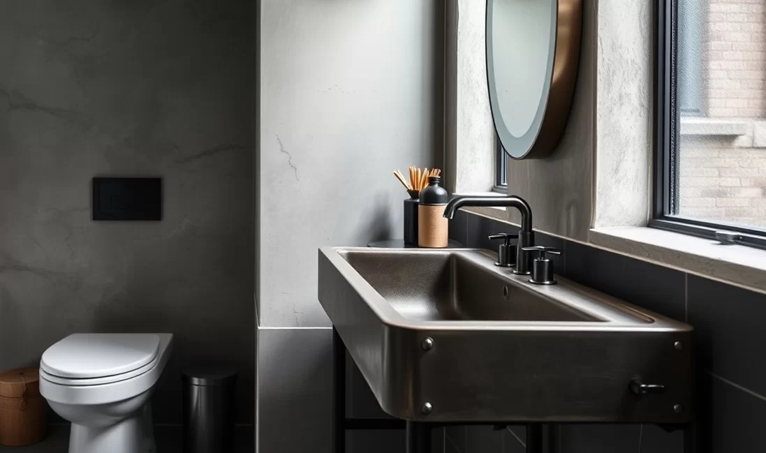 Ein Waschtisch im Industrial-Design mit einem modernen Waschbecken und Holzdetails.