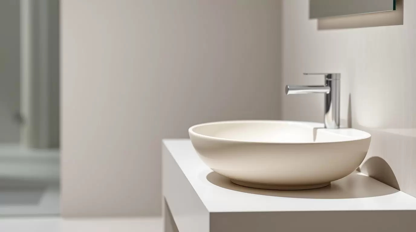 Mineralguss Waschtisch in einem Badezimmer mit modernen Einrichtungsgegenständen.